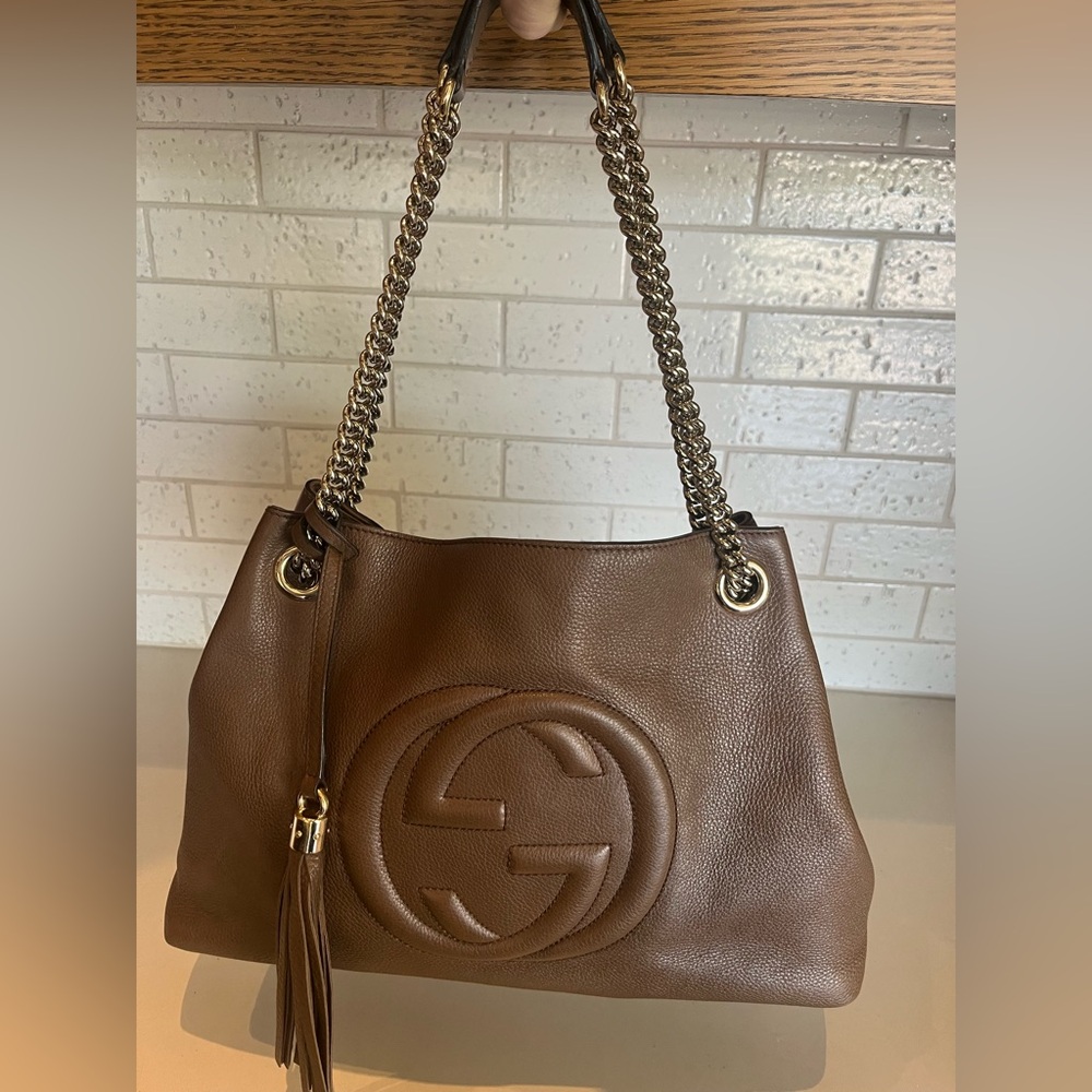 Authentic Gucci Soho Chain Shoulder Bag - Brown Pebbled Leather (Pristine)